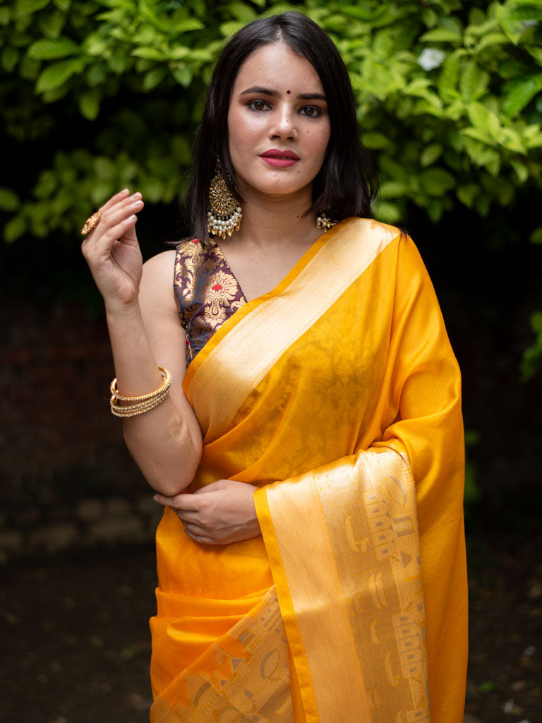 Banarasi Plain Semi Silk Saree With Ganga Ghat Weaving-Yellow
