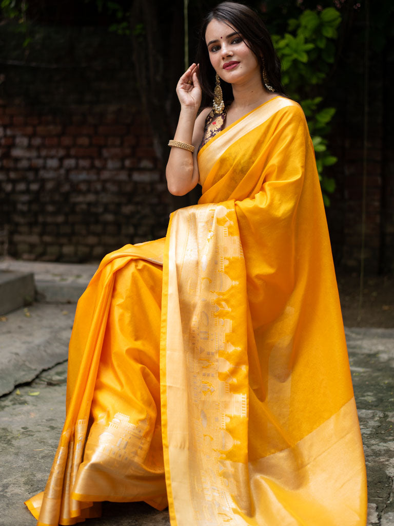 Banarasi Plain Semi Silk Saree With Ganga Ghat Weaving-Yellow