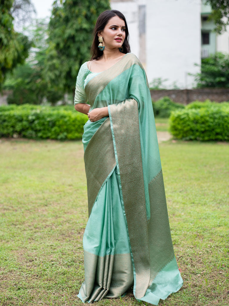 Banarasi Cotton Silk Saree with Plain Skirt Border-Pastel Blue
