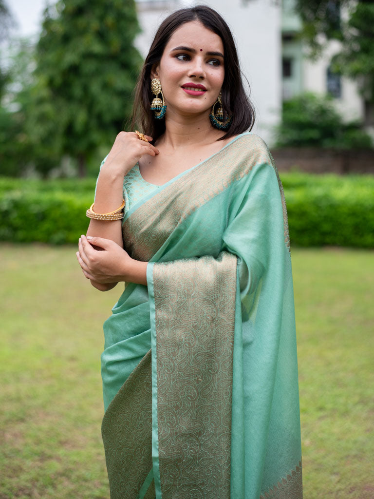 Banarasi Cotton Silk Saree with Plain Skirt Border-Pastel Blue