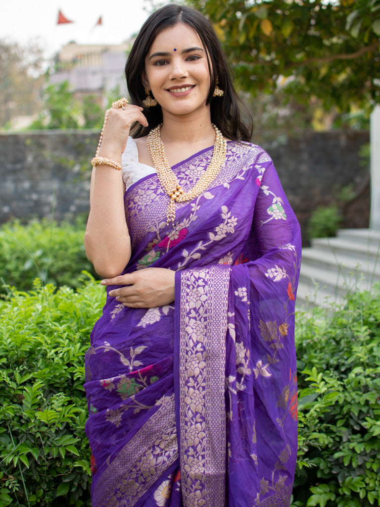 Banarasi Cotton Silk Saree With Jaal Zari & Meena Weaving-Purple