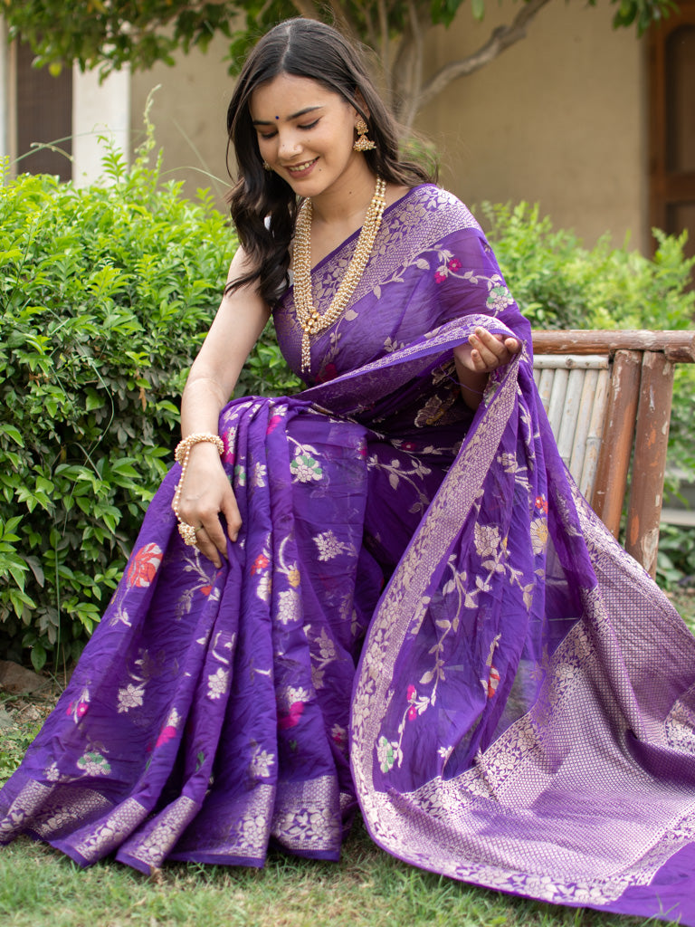 Banarasi Cotton Silk Saree With Jaal Zari & Meena Weaving-Purple