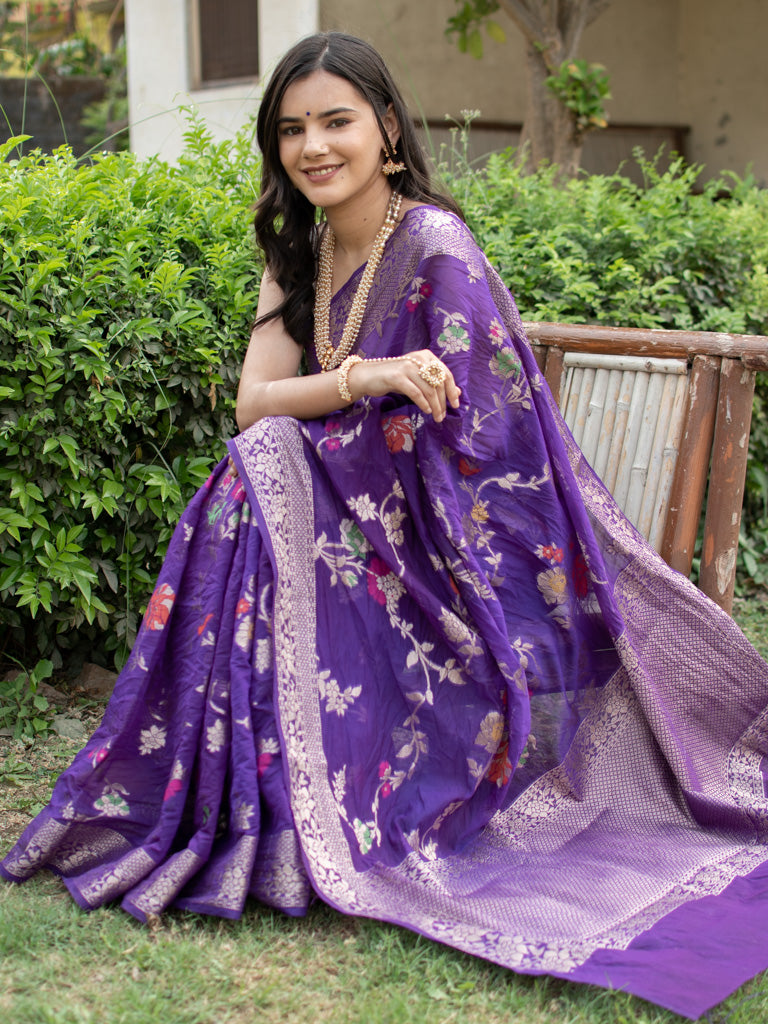Banarasi Cotton Silk Saree With Jaal Zari & Meena Weaving-Purple
