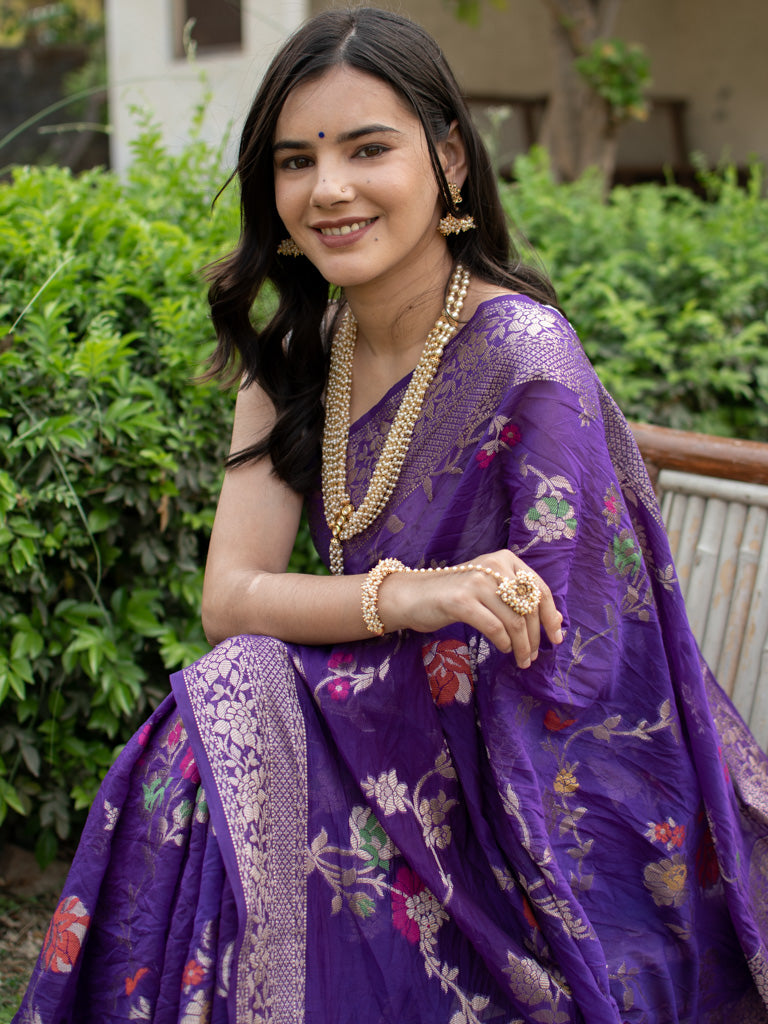 Banarasi Cotton Silk Saree With Jaal Zari & Meena Weaving-Purple