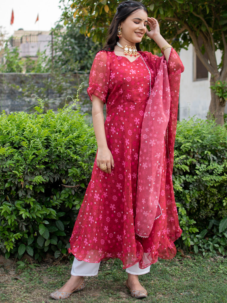 Readymade Floral Printed Organza Anarkali Set With Dupatta