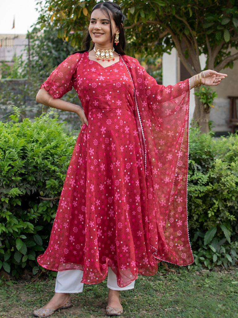 Readymade Floral Printed Organza Anarkali Set With Dupatta