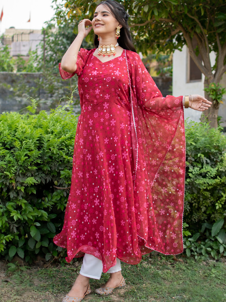 Readymade Floral Printed Organza Anarkali Set With Dupatta