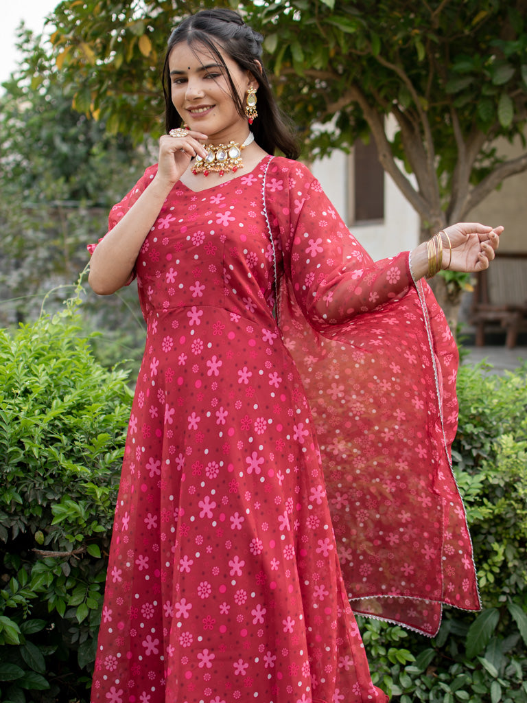 Readymade Floral Printed Organza Anarkali Set With Dupatta