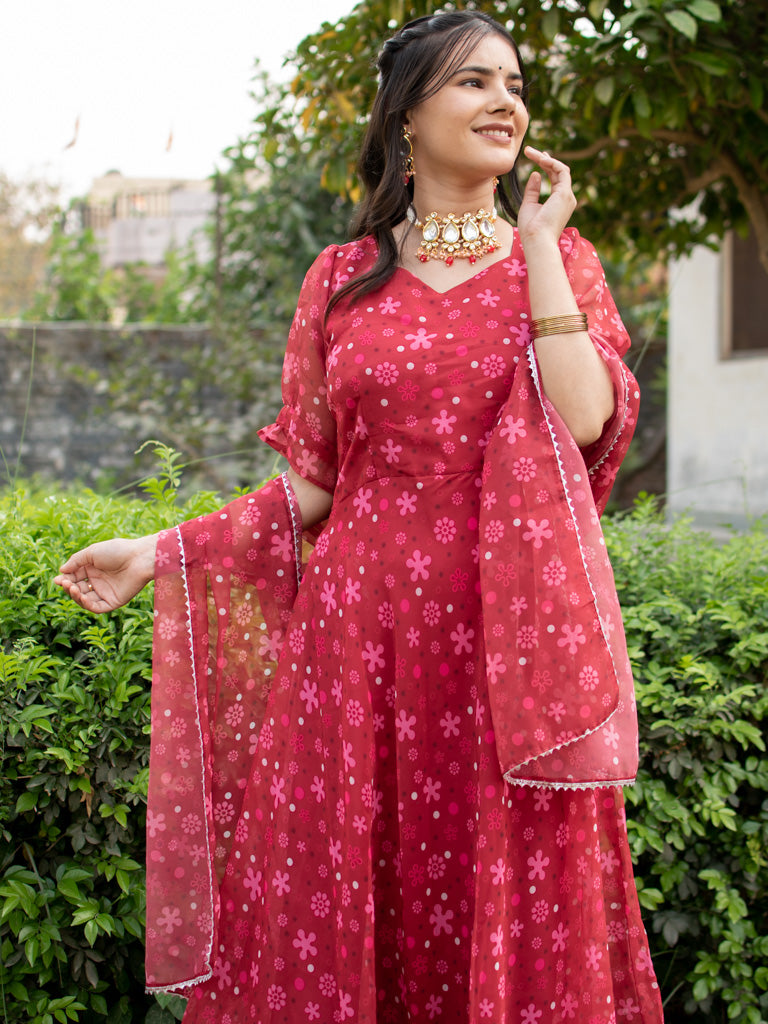 Readymade Floral Printed Organza Anarkali Set With Dupatta