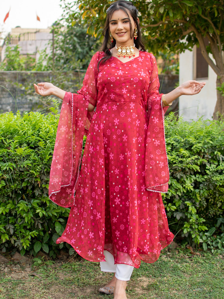 Readymade Floral Printed Organza Anarkali Set With Dupatta