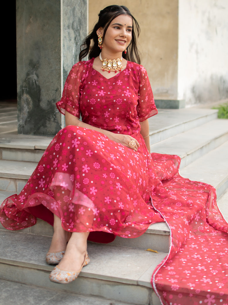 Readymade Floral Printed Organza Anarkali Set With Dupatta