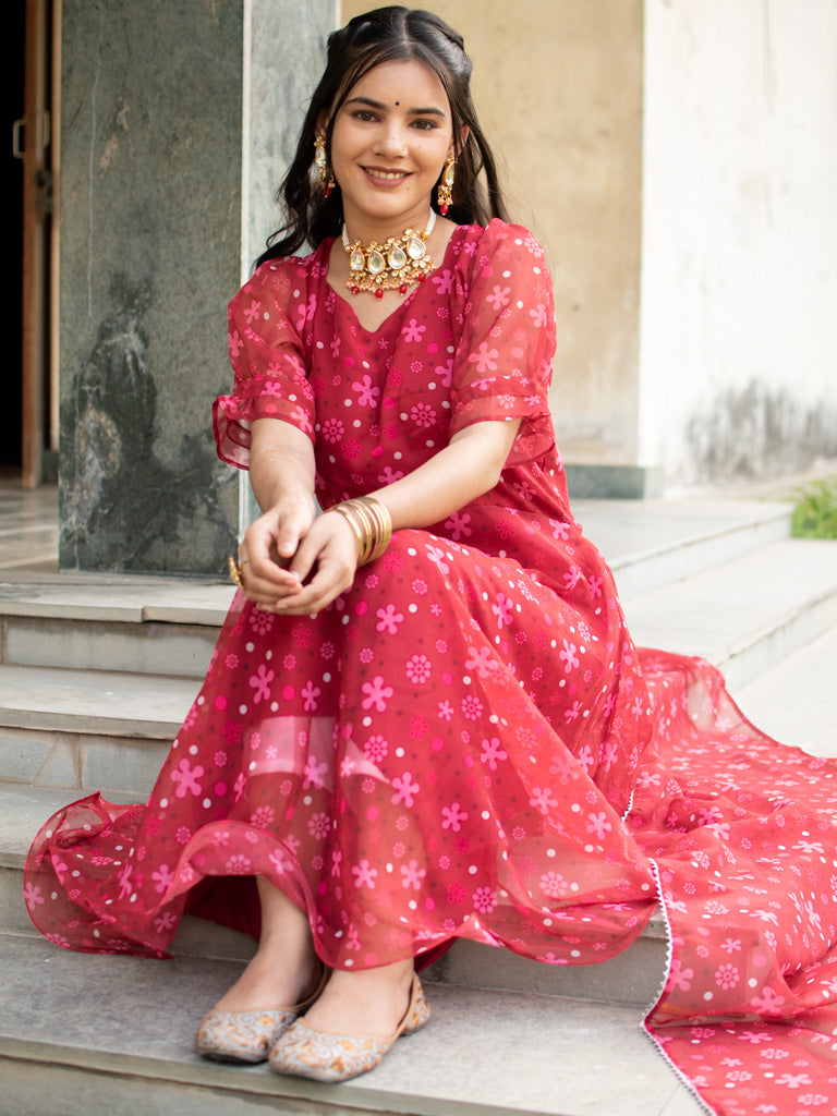Readymade Floral Printed Organza Anarkali Set With Dupatta