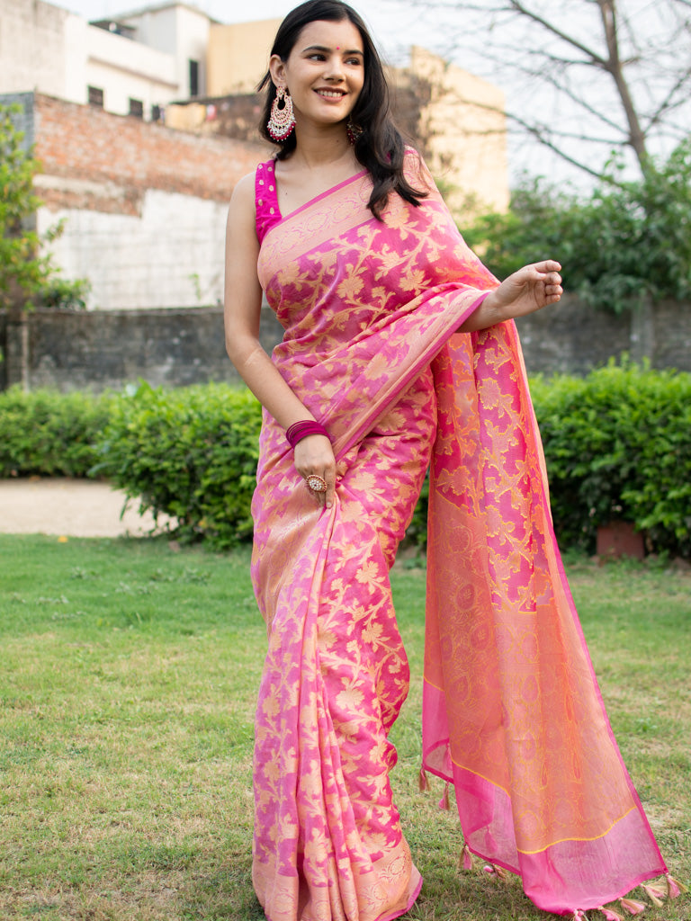 Banarasi Soft Cotton Silk Mix Saree with Jaal Weaving-Pink