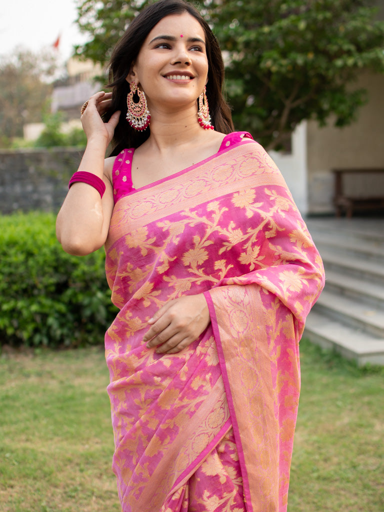 Banarasi Soft Cotton Silk Mix Saree with Jaal Weaving-Pink