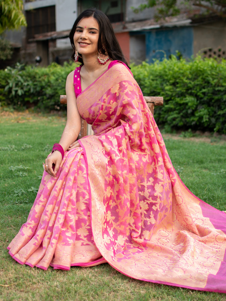 Banarasi Soft Cotton Silk Mix Saree with Jaal Weaving-Pink