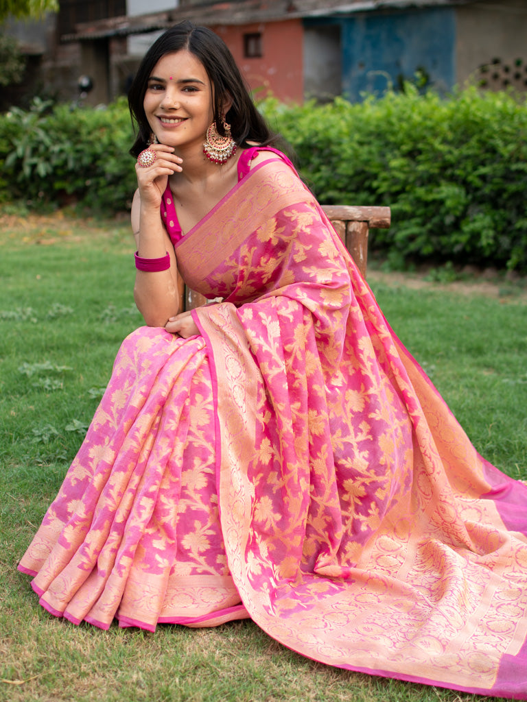 Banarasi Soft Cotton Silk Mix Saree with Jaal Weaving-Pink
