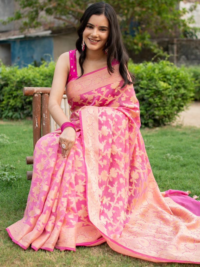Banarasi Soft Cotton Silk Mix Saree with Jaal Weaving-Pink