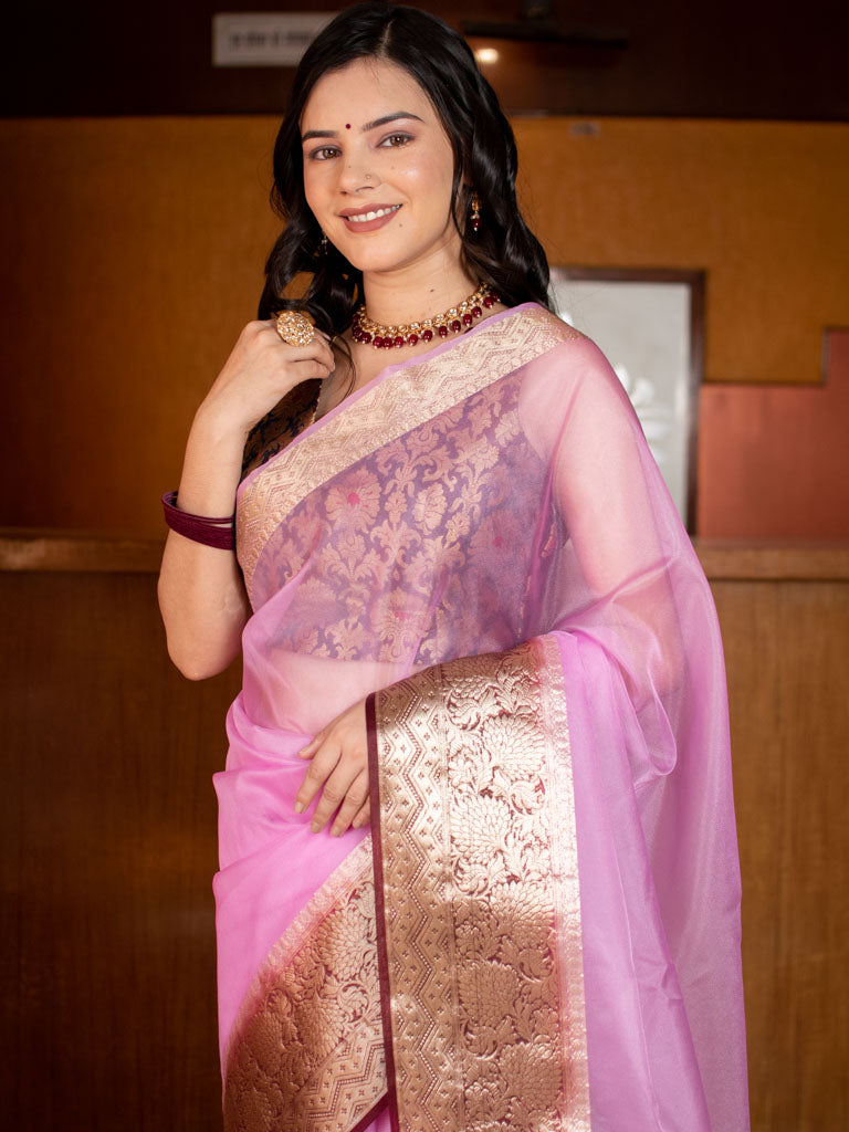 Banarasi Plain Organza Saree With Contrast Border-Mauve