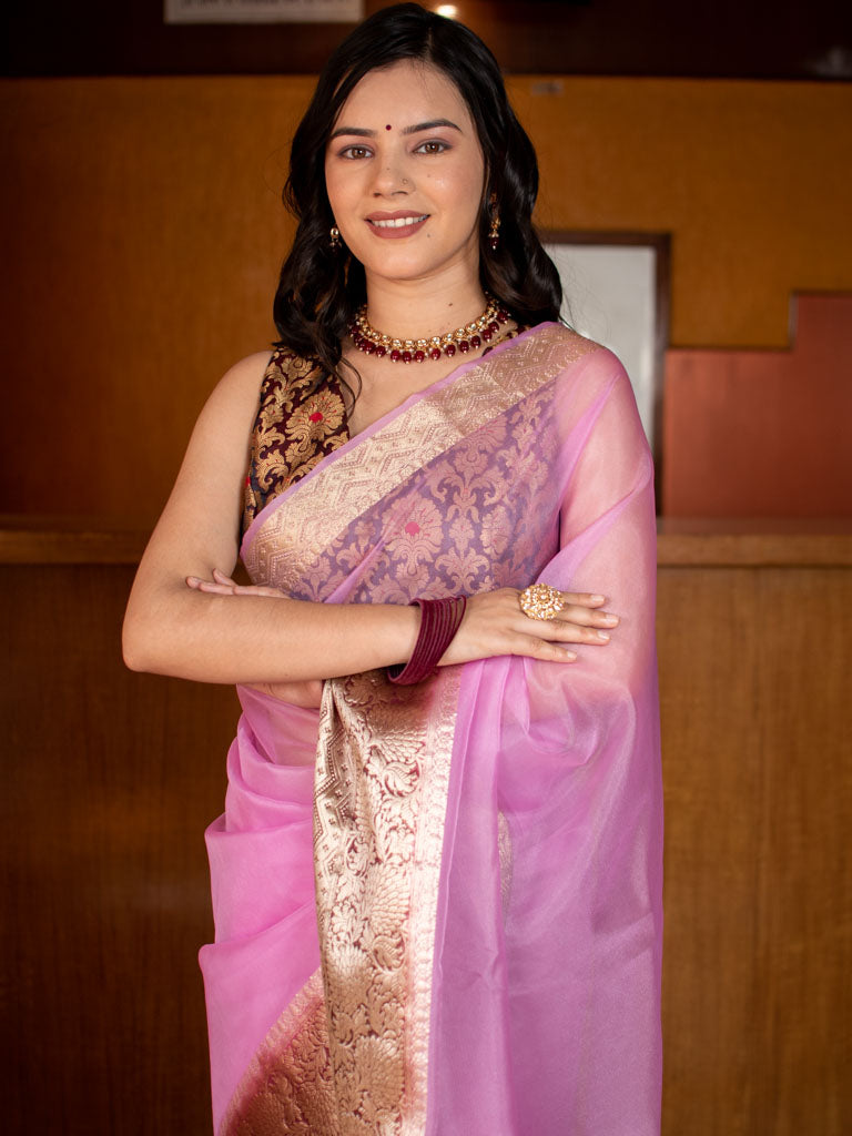 Banarasi Plain Organza Saree With Contrast Border-Mauve