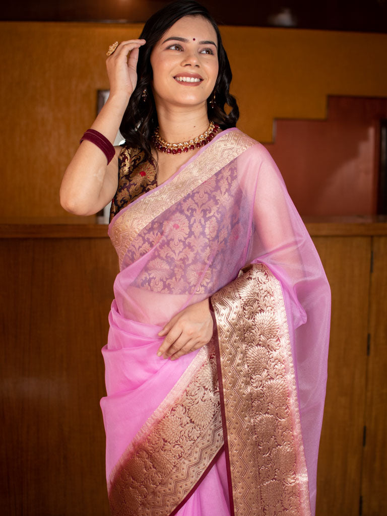 Banarasi Plain Organza Saree With Contrast Border-Mauve