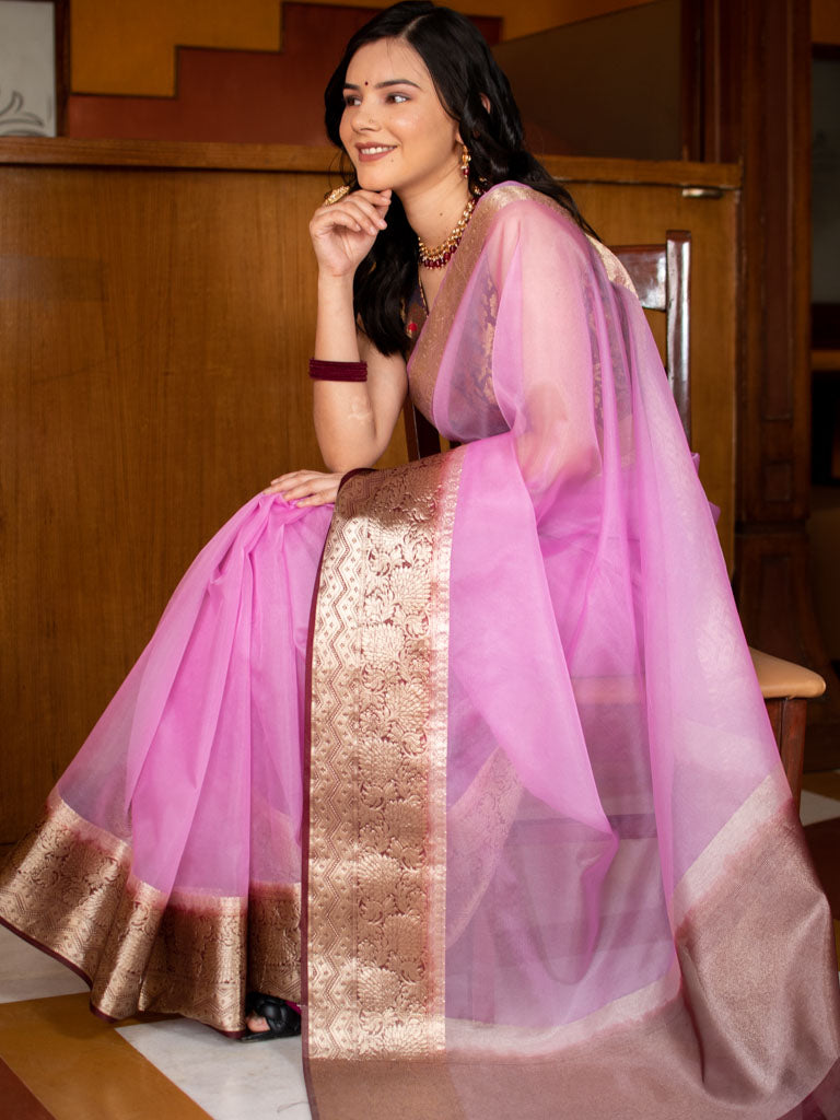 Banarasi Plain Organza Saree With Contrast Border-Mauve