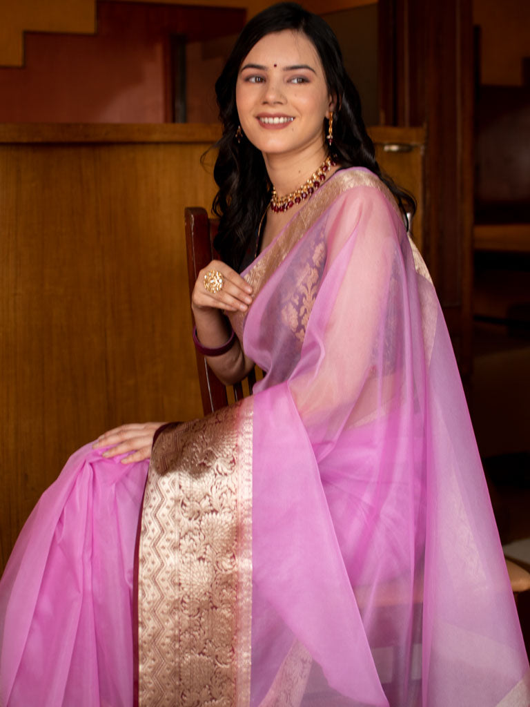 Banarasi Plain Organza Saree With Contrast Border-Mauve