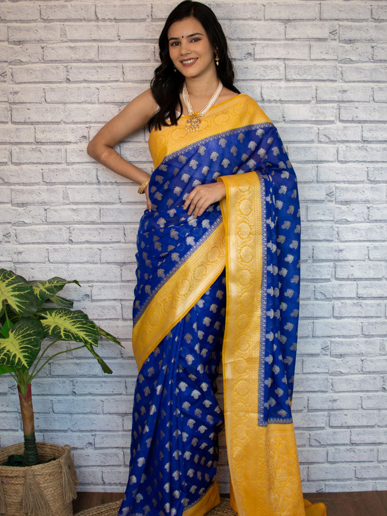 Banarasi Organza Saree With Silver Zari Buti & Contrast Border-Blue