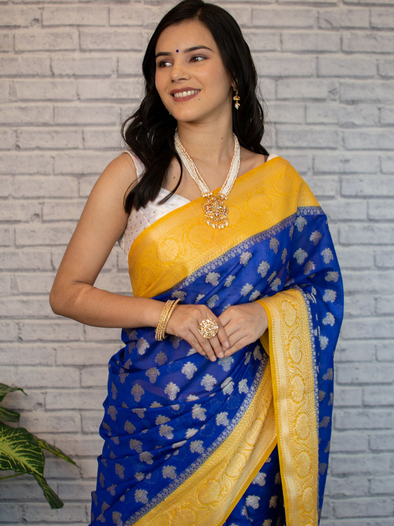 Banarasi Organza Saree With Silver Zari Buti & Contrast Border-Blue
