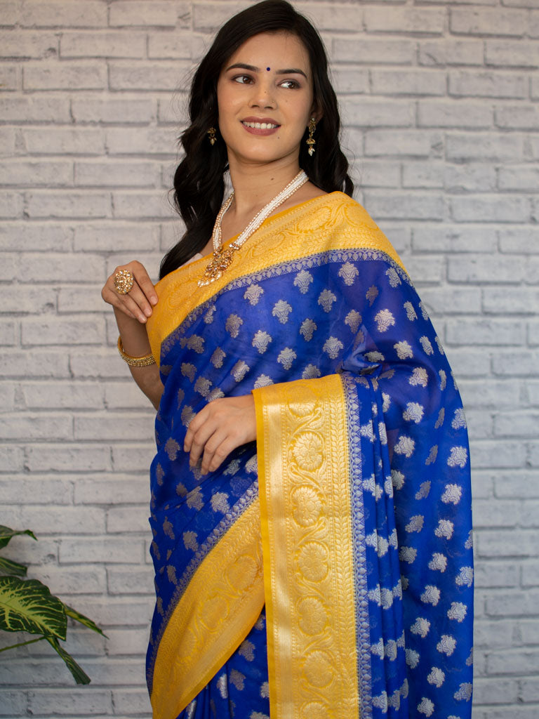 Banarasi Organza Saree With Silver Zari Buti & Contrast Border-Blue