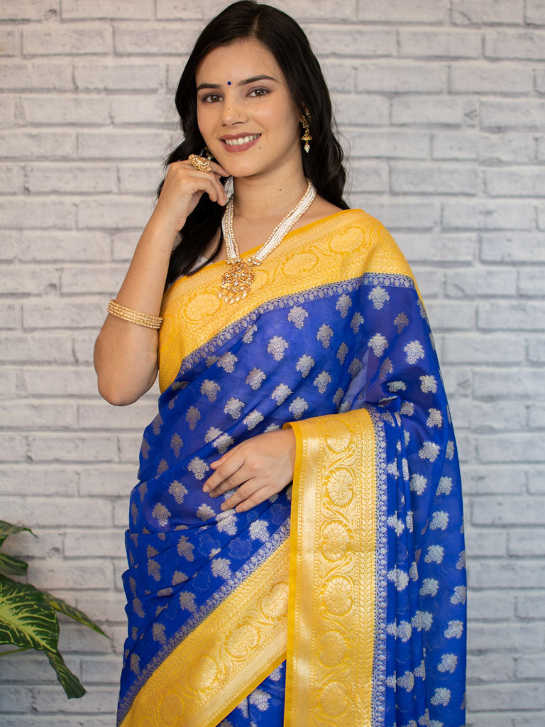 Banarasi Organza Saree With Silver Zari Buti & Contrast Border-Blue