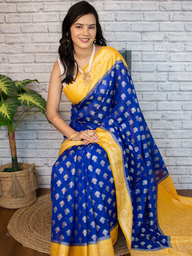 Banarasi Organza Saree With Silver Zari Buti & Contrast Border-Blue