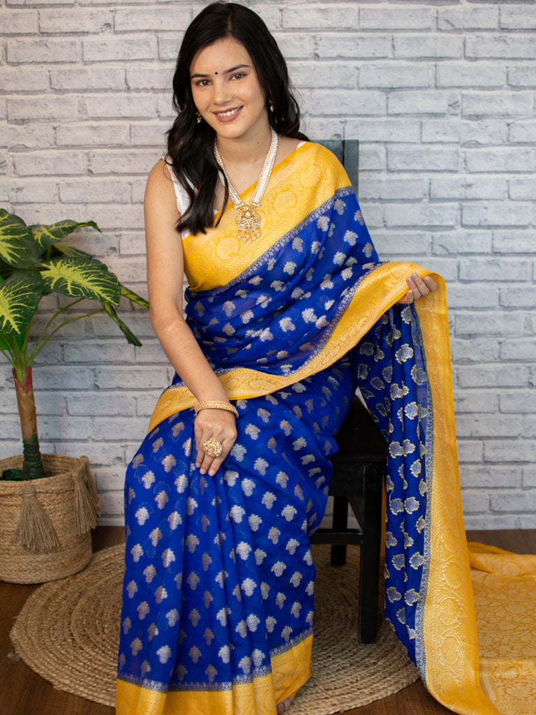 Banarasi Organza Saree With Silver Zari Buti & Contrast Border-Blue