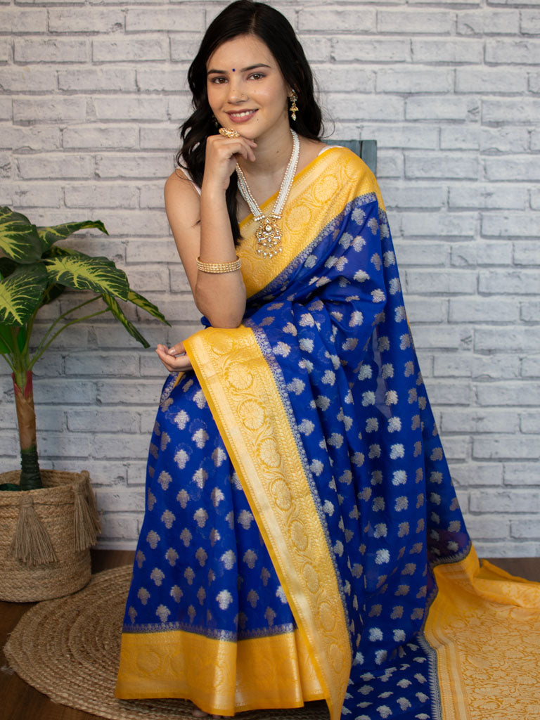 Banarasi Organza Saree With Silver Zari Buti & Contrast Border-Blue