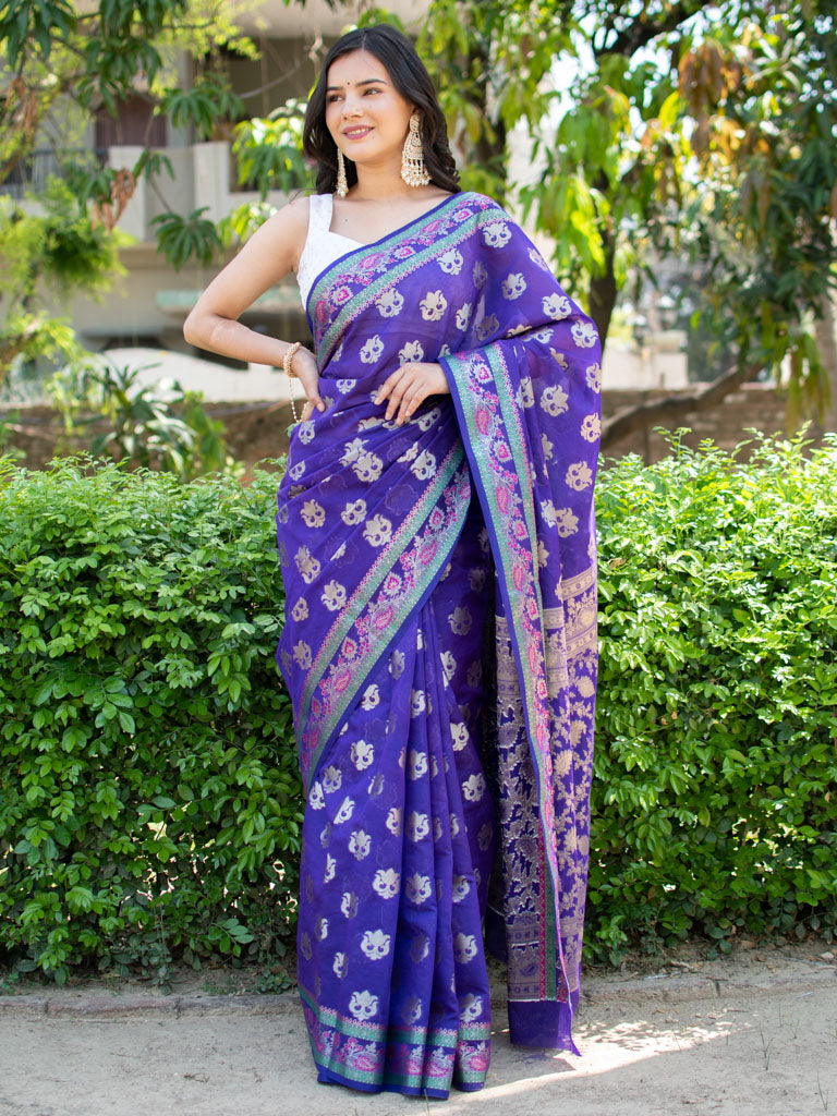 Banarasi Organza Saree With Floral Weaving-Purple
