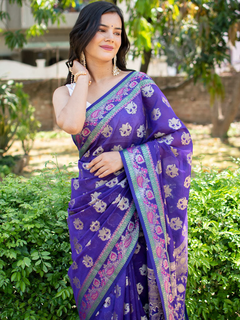 Banarasi Organza Saree With Floral Weaving-Purple