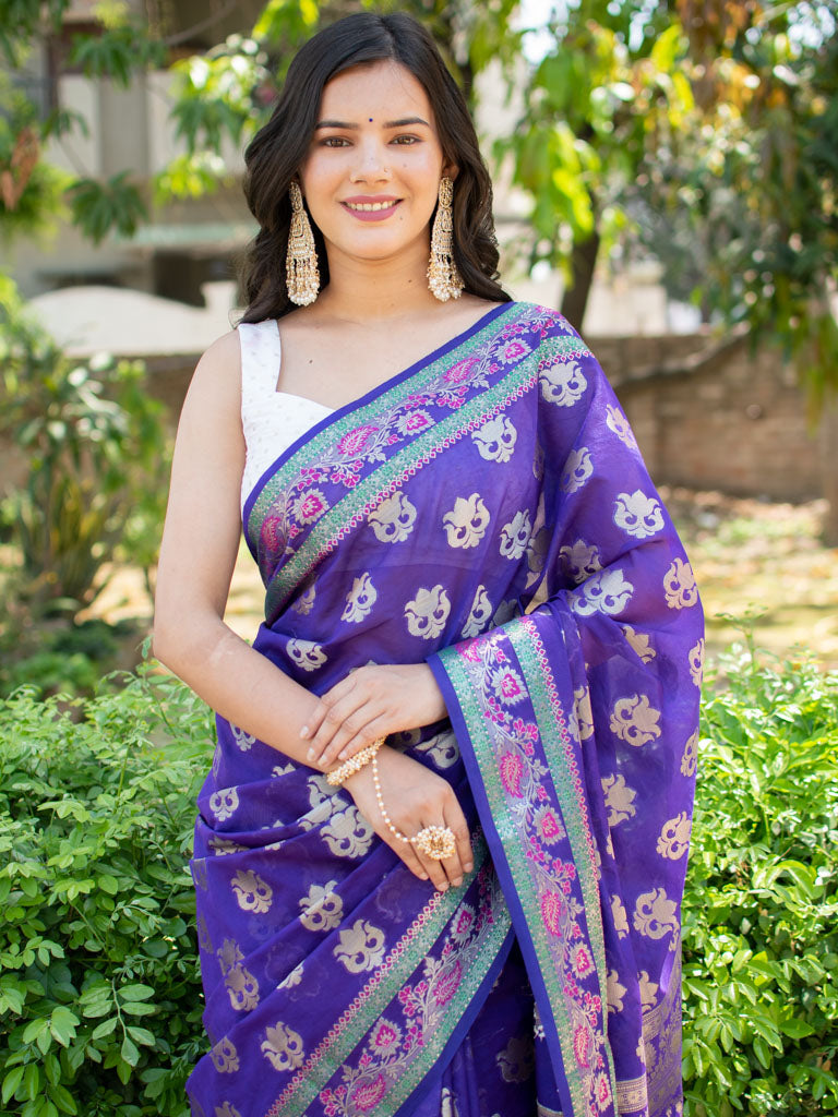 Banarasi Organza Saree With Floral Weaving-Purple