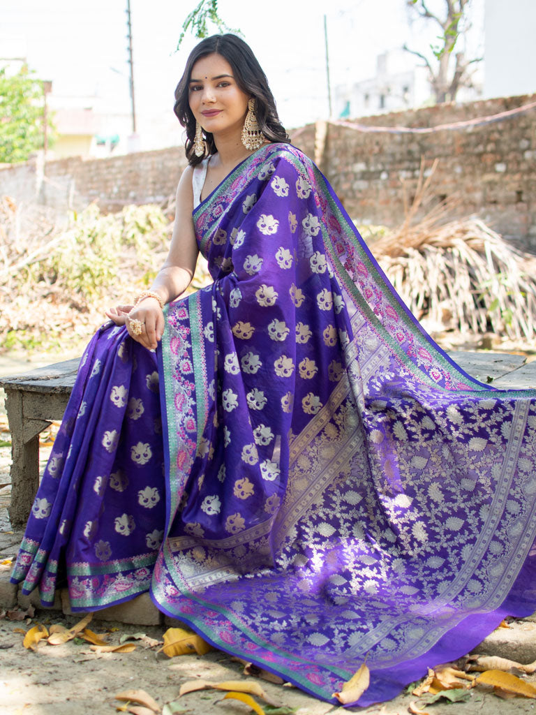 Banarasi Organza Saree With Floral Weaving-Purple