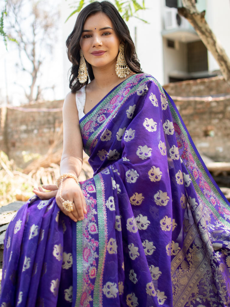 Banarasi Organza Saree With Floral Weaving-Purple