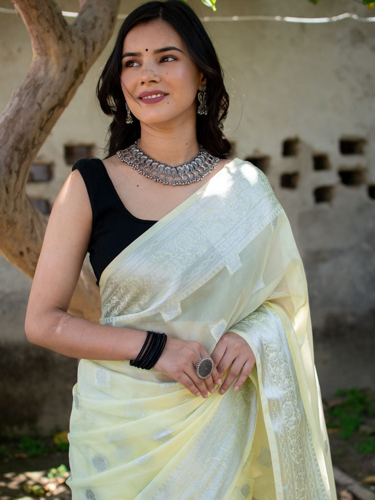 Banarasi Semi Chiffon Saree Silver Zari Buti Weaving-Yellow