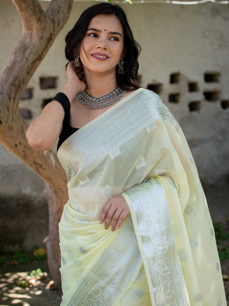 Banarasi Semi Chiffon Saree Silver Zari Buti Weaving-Yellow