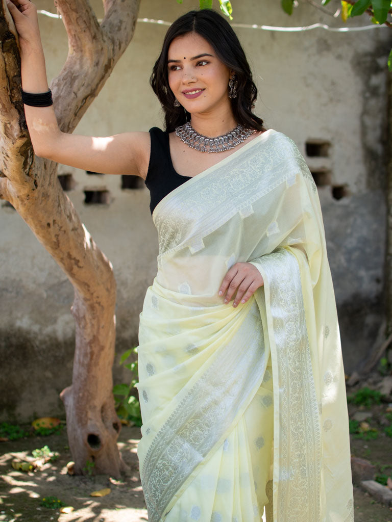Banarasi Semi Chiffon Saree Silver Zari Buti Weaving-Yellow