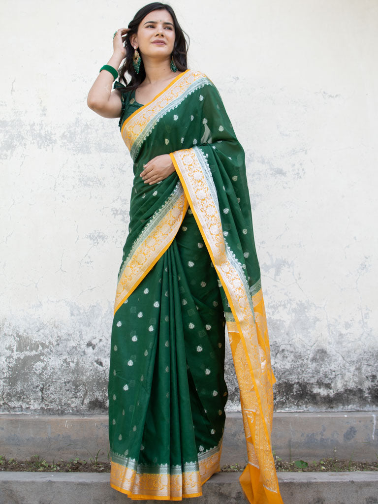 Banarasi Semi Chiffon Saree Silver Zari Buti Weaving & Contrast Border-Green