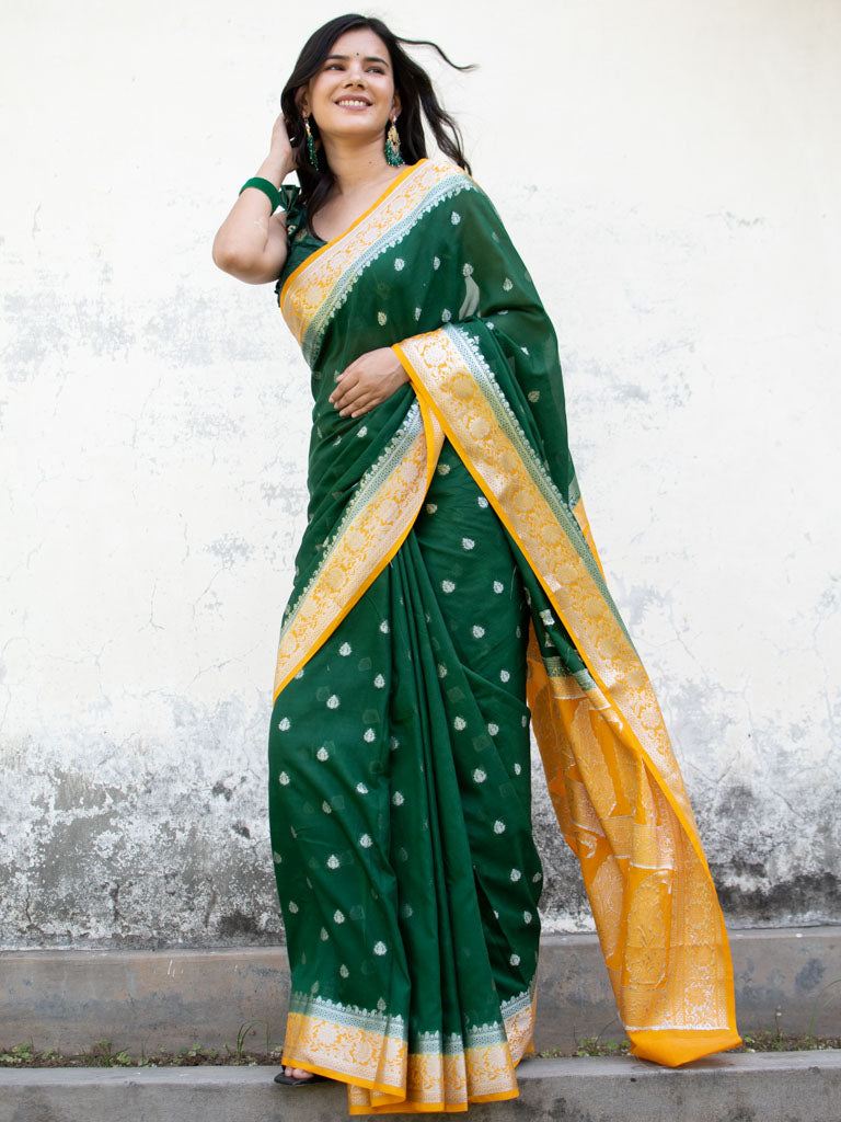 Banarasi Semi Chiffon Saree Silver Zari Buti Weaving & Contrast Border-Green