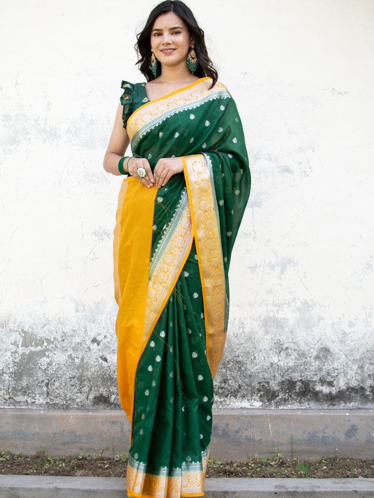 Banarasi Semi Chiffon Saree Silver Zari Buti Weaving & Contrast Border-Green