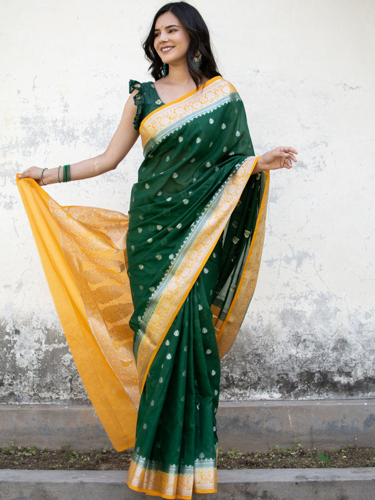 Banarasi Semi Chiffon Saree Silver Zari Buti Weaving & Contrast Border-Green