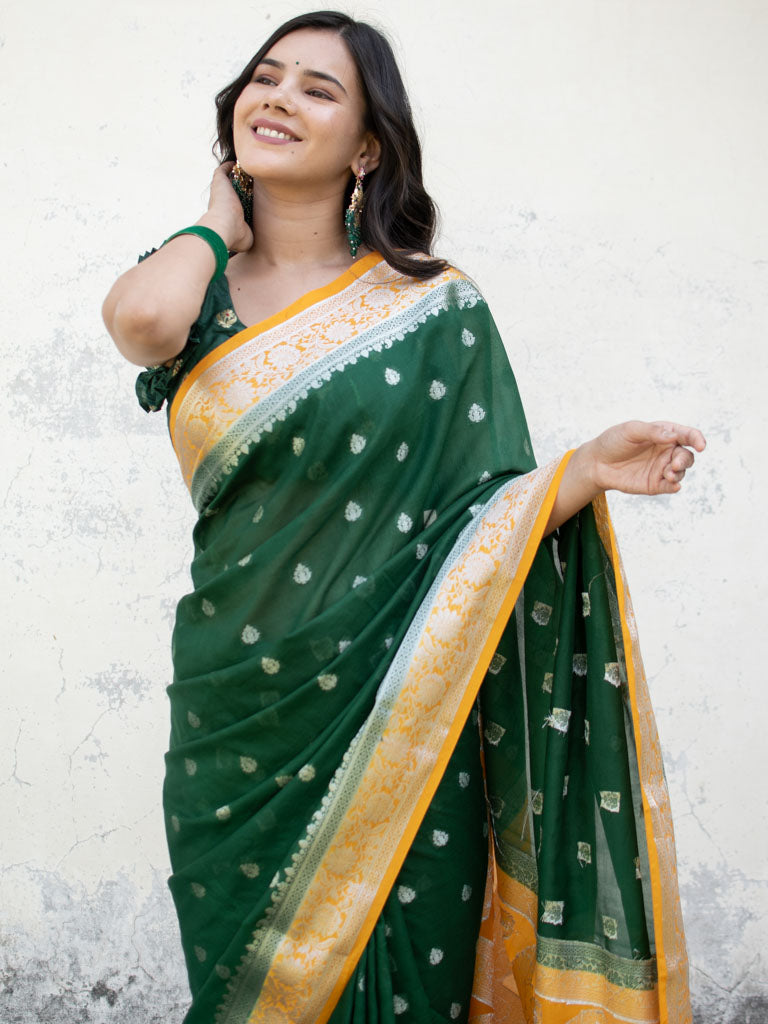 Banarasi Semi Chiffon Saree Silver Zari Buti Weaving & Contrast Border-Green