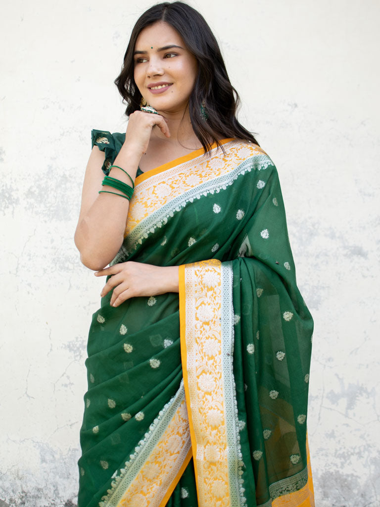 Banarasi Semi Chiffon Saree Silver Zari Buti Weaving & Contrast Border-Green