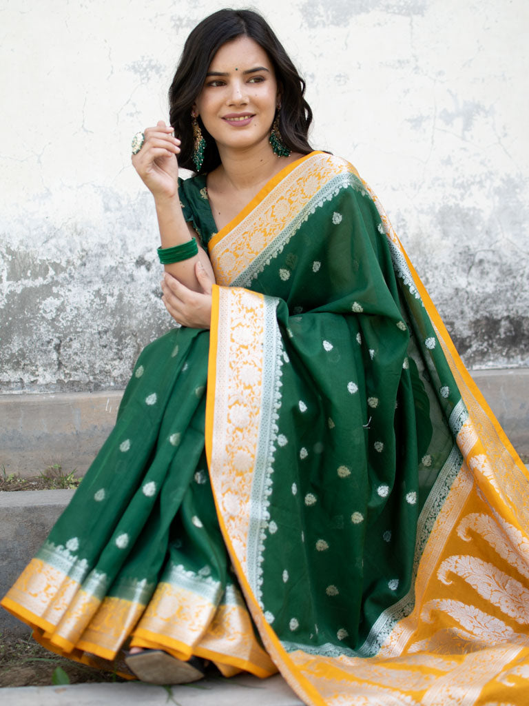 Banarasi Semi Chiffon Saree Silver Zari Buti Weaving & Contrast Border-Green