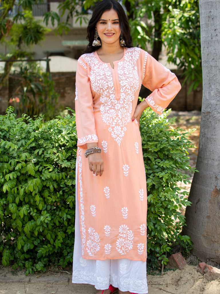 Readymade Chikankari Modal Kurti-Peach