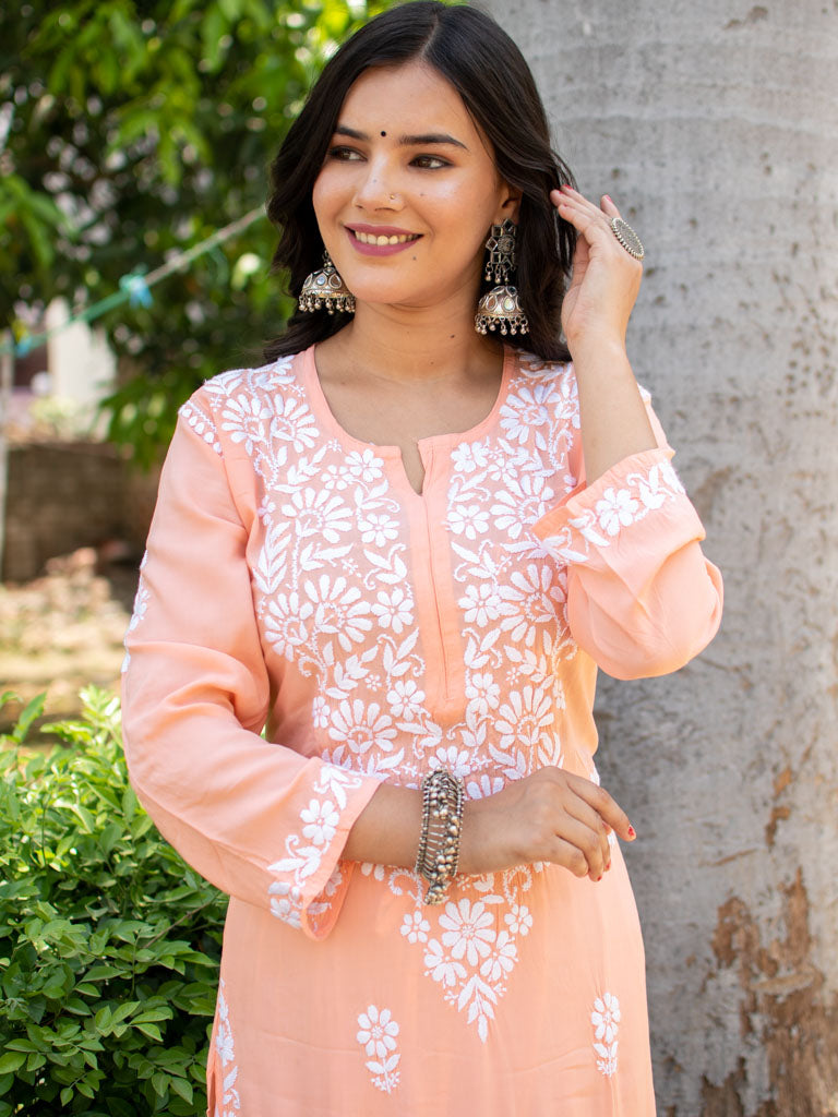 Readymade Chikankari Modal Kurti-Peach